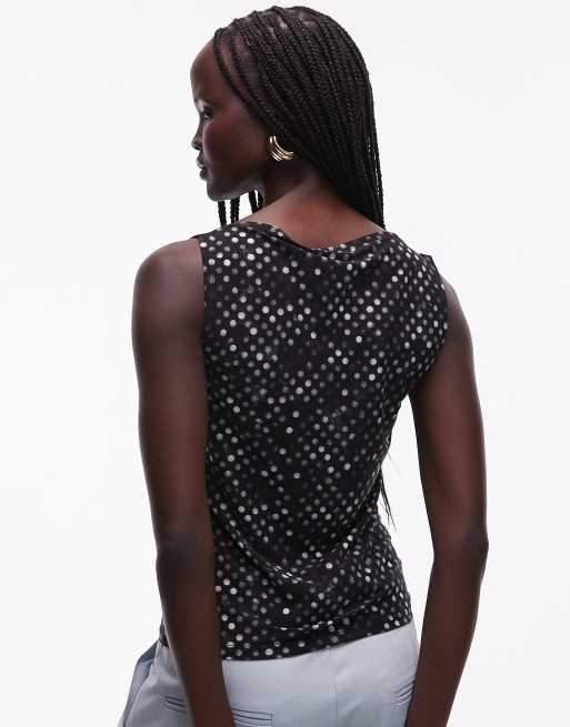 Weekday Annie boatneck mesh top in black polka dots, 3 of 4