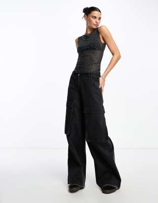 Weekday Annie boatneck rhinestone mesh tank top in off-black