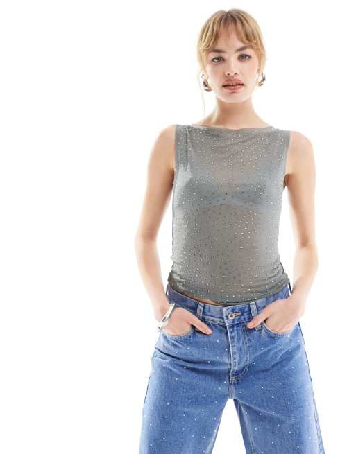 Weekday - Annie - Débardeur en tulle à strass avec encolure bateau - Gris