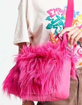 Weekday Annie faux fur handbag in pink - ASOS Price Checker