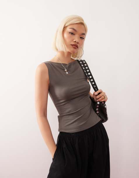 Weekday Annie super soft boat neck sleeveless top in charcoal
