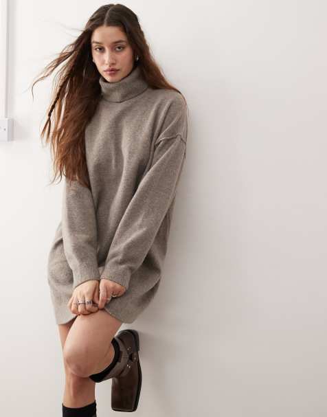 Weekday – Annie – Kurzes Wollmix-Strickkleid in meliertem Maulwurfbraun mit Rollkragen, exklusiv bei ASOS - view 1