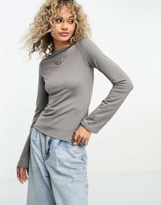 Boat Neck Long Sleeve Top Grey