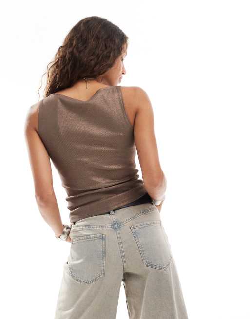 Weekday Annie metallic rib boat neck top in bronze