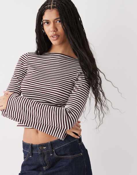 Weekday – Annie – Miękki top z długimi rękawami i dekoltem w łódkę w bordowe paski – tylko w ASOS - view 1