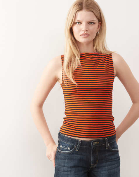 Weekday - Annie - Mouwloze gestreepte top met boothals in bruin en oranje, exclusief bij ASOS - view 1