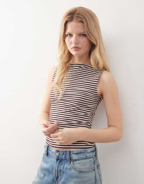 Weekday - Annie - Mouwloze zachte gestreepte top met boothals in bordeauxrood, exclusief bij ASOS - view 1