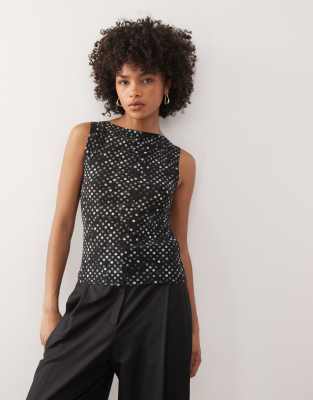 Weekday - Annie - Netzstoff-Oberteil in Schwarz mit U-Boot-Ausschnitt und Polka Dots