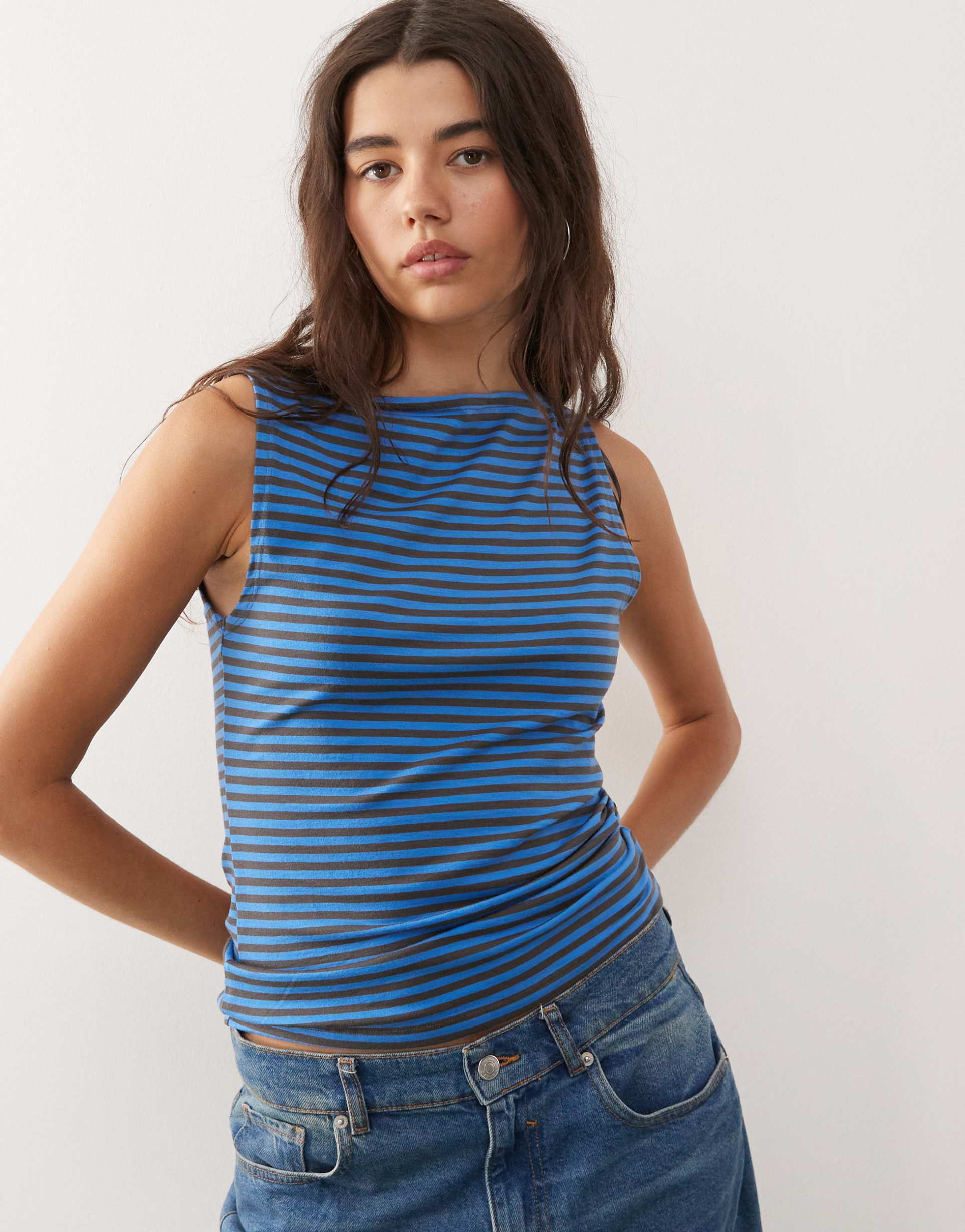 weekday annie sleeveless boat neck top in blue and mole stripes