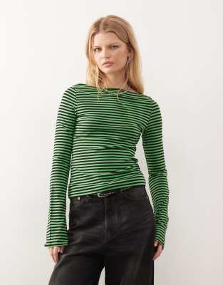 Weekday Annie Soft Boat Neck Long Sleeve Top In Green