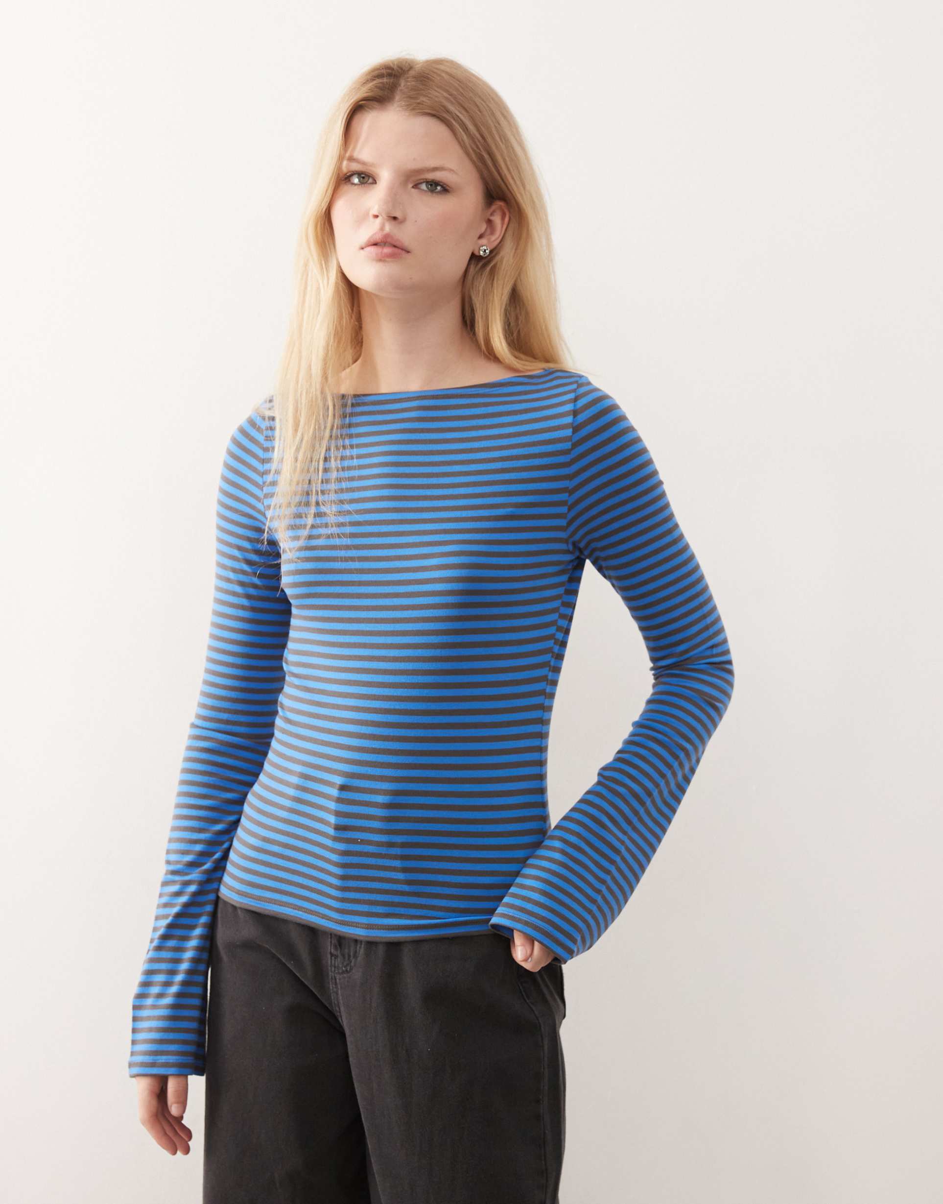 weekday annie soft boat neck long sleeve top in blue and gray stripe - exclusive to asos