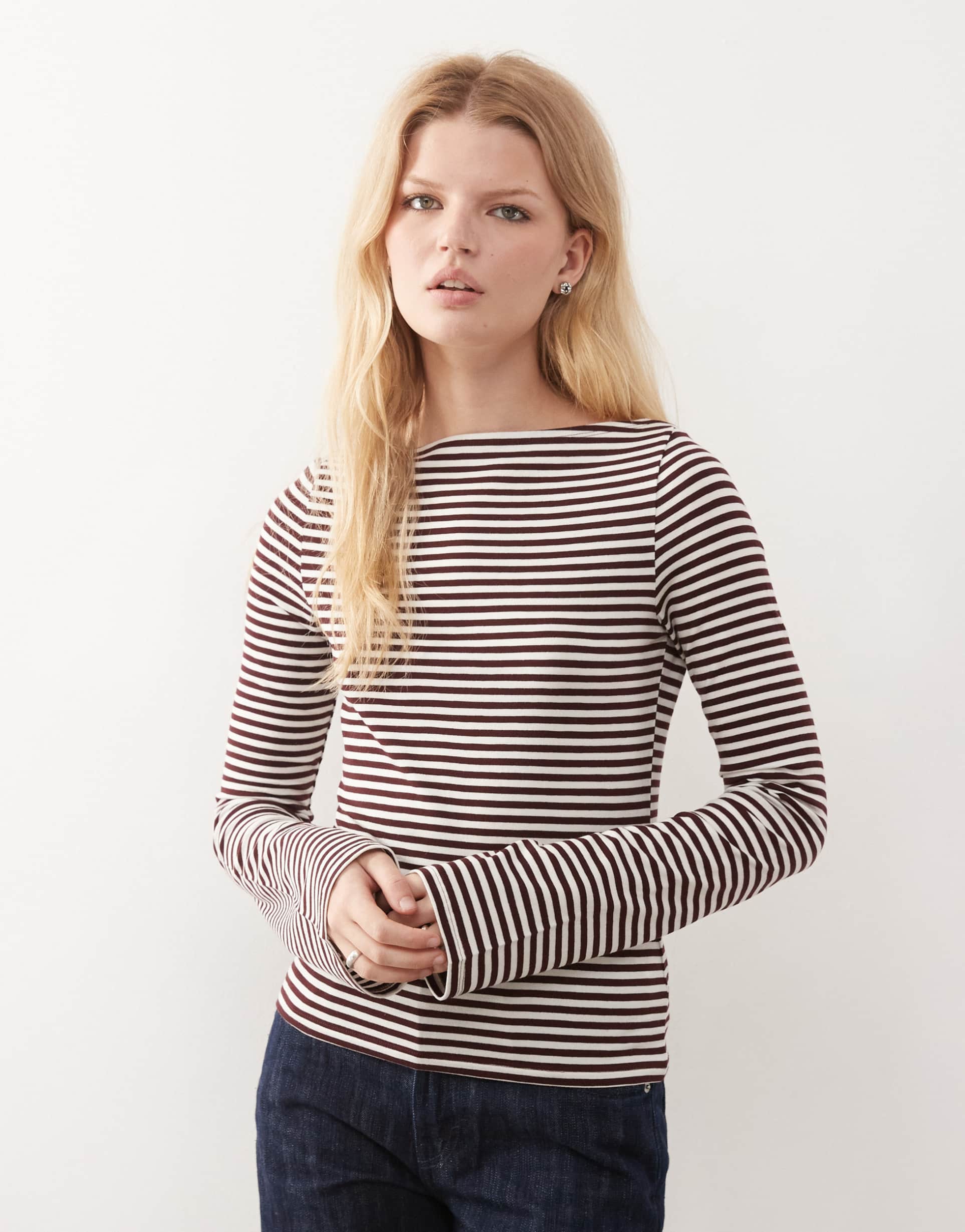 weekday annie soft boat neck long sleeve top in burgundy stripe - exclusive to asos