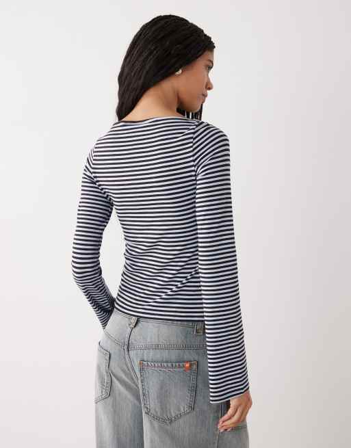Weekday Annie soft boat neck long sleeve top in chocolate brown and light blue stripe exclusive to ASOS, 3 of 4