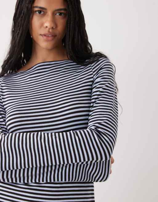 Weekday Annie soft boat neck long sleeve top in chocolate brown and light blue stripe exclusive to ASOS, 4 of 4