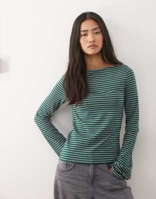 Weekday Annie Soft Boat Neck Long Sleeve Top In Green
