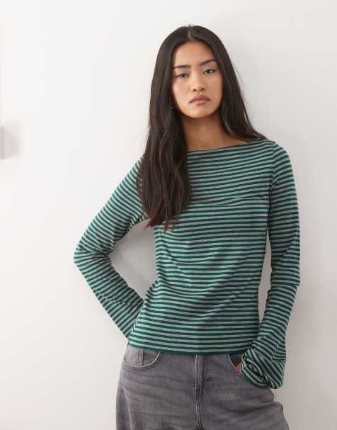 Weekday Annie soft boat neck long sleeve top in dark green and grey stripe exclusive to ASOS