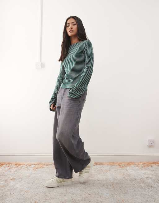 Weekday Annie soft boat neck long sleeve top in dark green and grey stripe exclusive to ASOS, 2 of 4