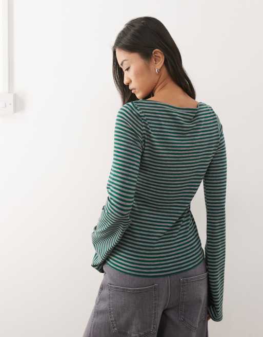 Weekday Annie soft boat neck long sleeve top in dark green and grey stripe exclusive to ASOS, 3 of 4