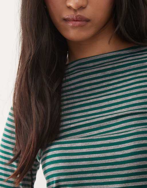 Weekday Annie soft boat neck long sleeve top in dark green and grey stripe exclusive to ASOS, 4 of 4