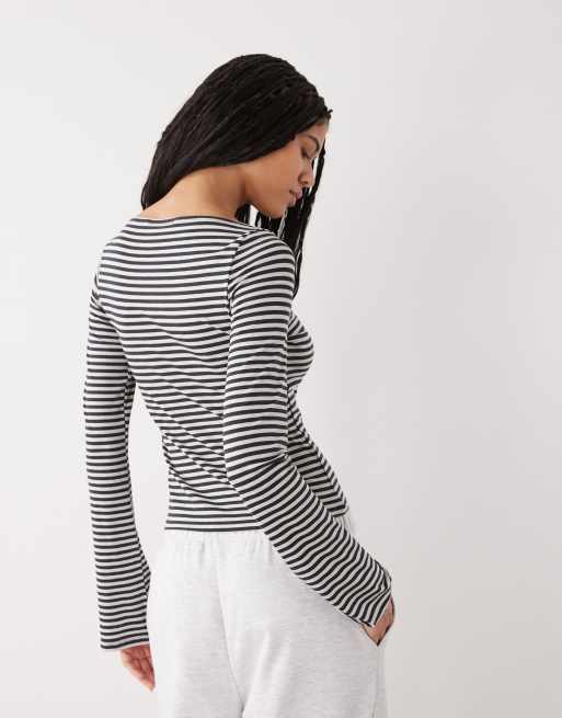 Weekday Annie soft boat neck long sleeve top in dark grey and light grey stripe exclusive to ASOS, 4 of 4