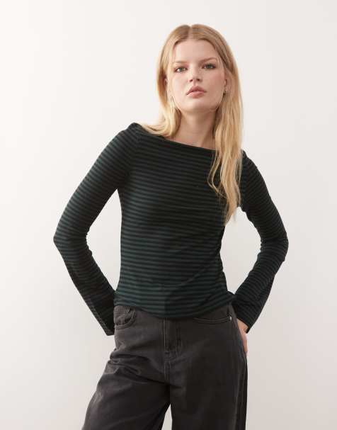 Weekday Annie soft boat neck long sleeve top in forest green stripe - Exclusive to ASOS - view 1