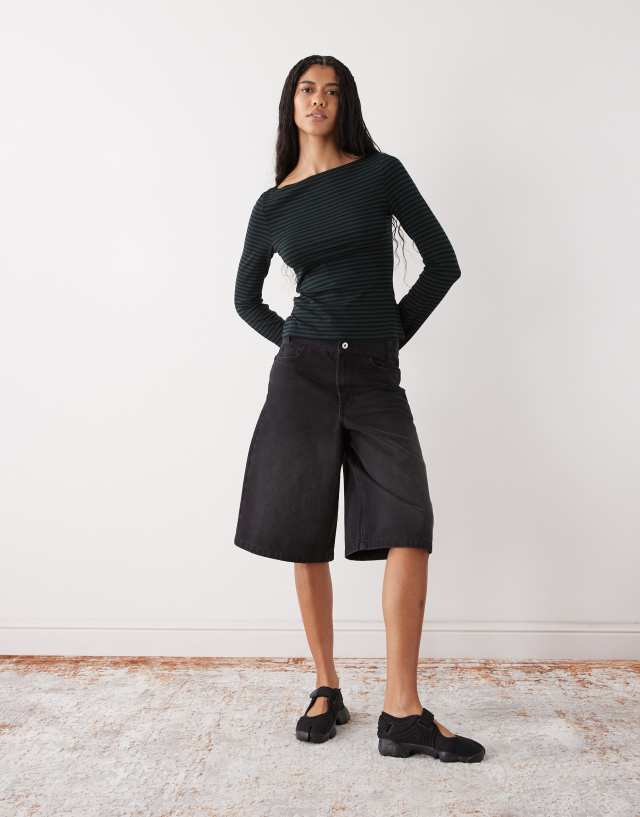 Weekday Annie soft boat neck long sleeve top in forest green