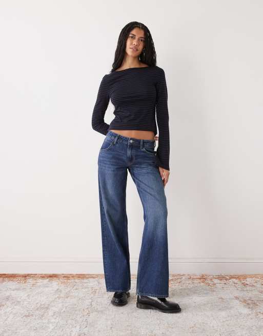 Weekday Annie soft boat neck long sleeve top in navy stripe exclusive to ASOS, 2 of 4