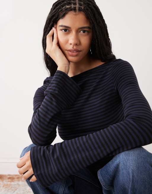 Weekday Annie soft boat neck long sleeve top in navy stripe exclusive to ASOS, 4 of 4
