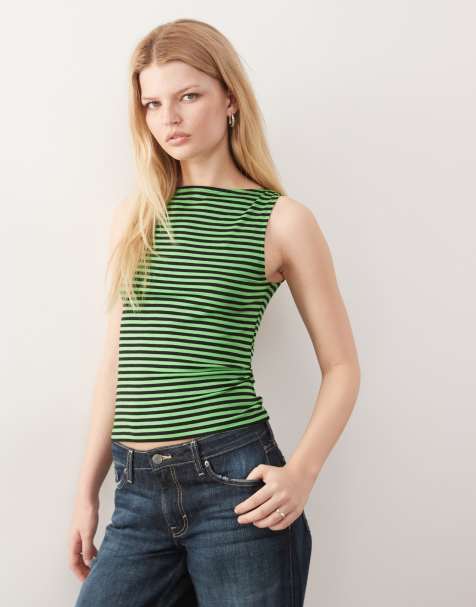 Weekday Annie soft boat neck sleeveless top in black and green stripe exclusive to ASOS - view 1
