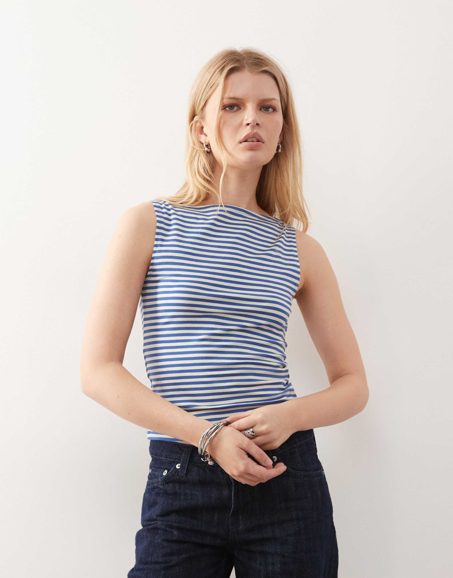 weekday annie soft boat neck sleeveless top in blue and buttermilk yellow stripe exclusive to asos