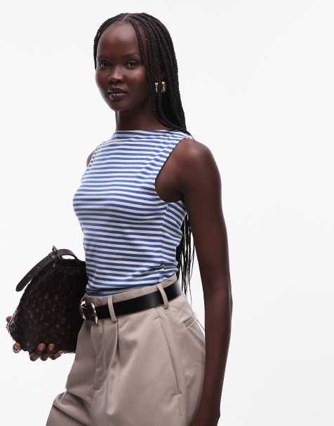 Weekday Annie soft boat neck sleeveless top in blue and buttermilk yellow stripe exclusive to ASOS