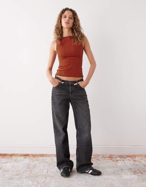 Weekday Annie soft boat neck sleeveless top in brown and orange stripe exclusive to ASOS, 2 of 4