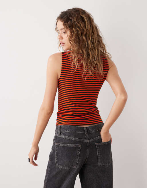 Weekday Annie soft boat neck sleeveless top in brown and orange stripe exclusive to ASOS, 3 of 4