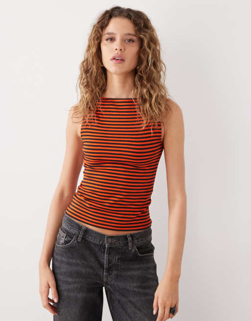 Weekday Annie soft boat neck sleeveless top in brown and orange stripe exclusive to ASOS, 4 of 4