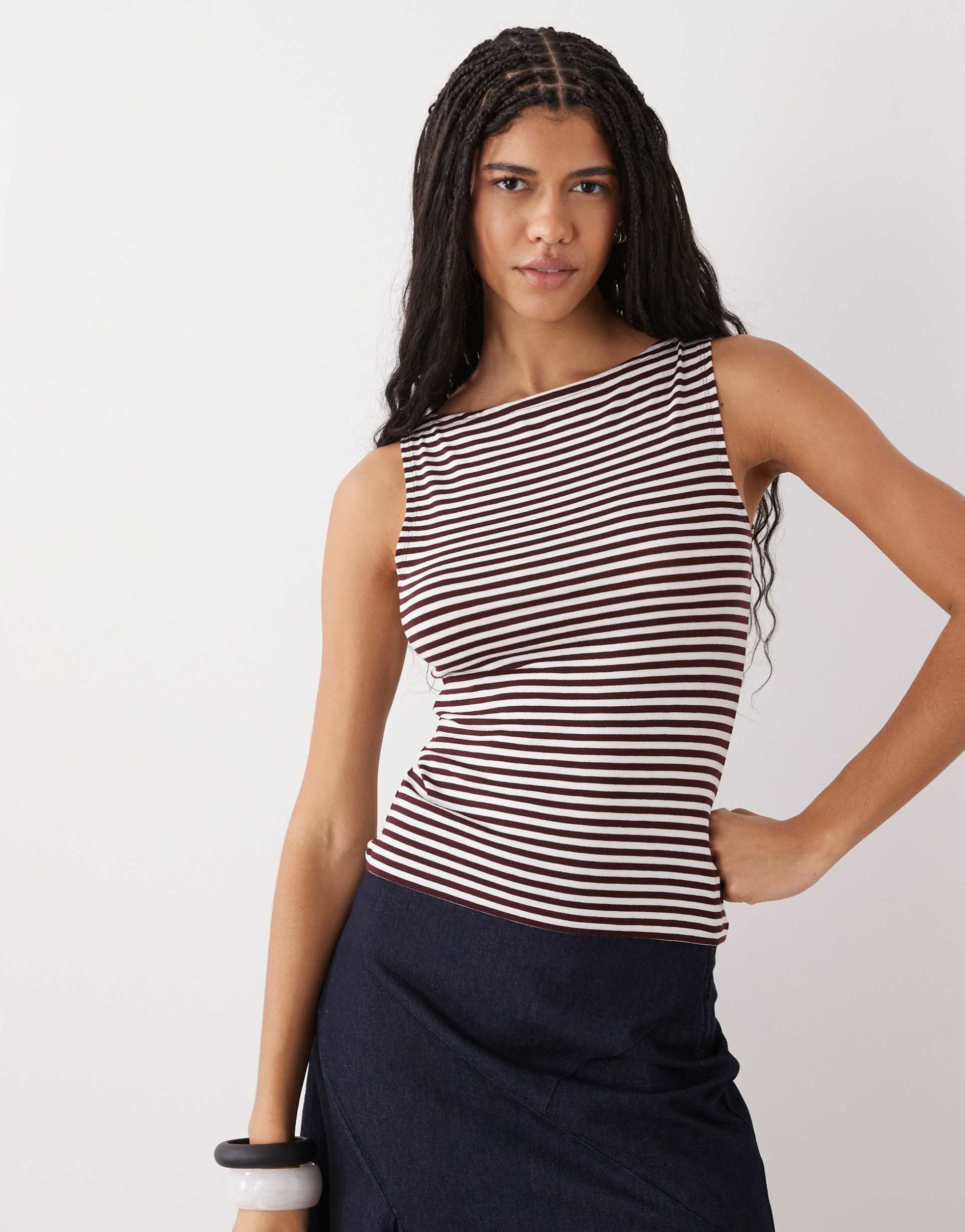 weekday annie soft boat neck sleeveless top in burgundy stripes - exclusive to asos