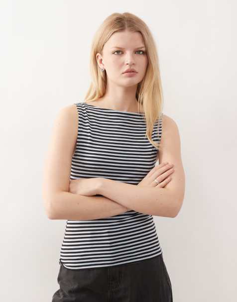 Weekday Annie soft boat neck sleeveless top in chocolate brown and light blue stripe exclusive to ASOS - view 1