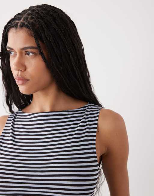 Weekday Annie soft boat neck sleeveless top in chocolate brown and light blue stripe exclusive to ASOS, 3 of 4