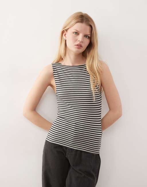Weekday Annie soft boat neck sleeveless top in dark grey and light grey stripe exclusive to ASOS
