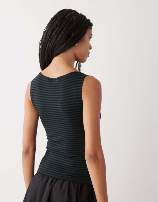 Weekday Annie soft boat neck sleeveless top in forest green stripe exclusive to ASOS, 4 of 4