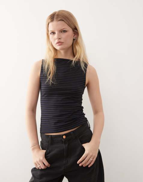 Weekday Annie soft boat neck sleeveless top in navy stripe exclusive to ASOS