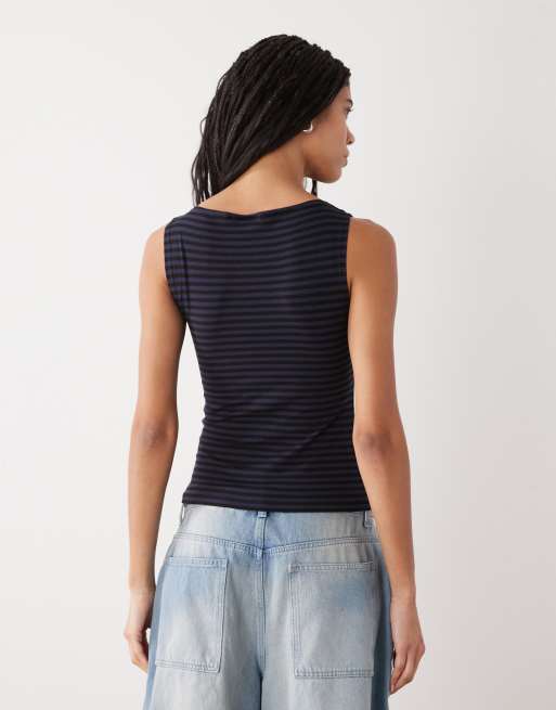 Weekday Annie soft boat neck sleeveless top in navy stripe exclusive to ASOS, 3 of 4
