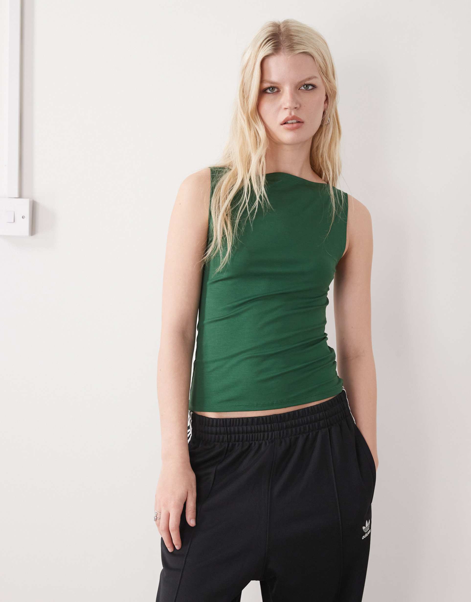 weekday annie soft boatneck sleeveless top in dark green exclusive to asos