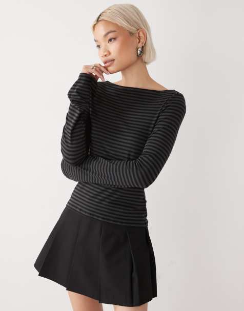 Weekday Annie super soft boat neck long sleeve top in dark grey & black stripe - view 1