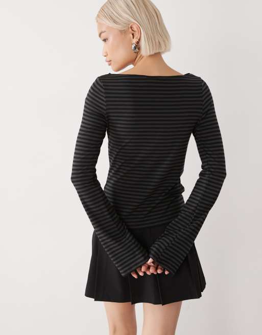 Weekday Annie super soft boat neck long sleeve top in dark grey & black stripe, 3 of 4