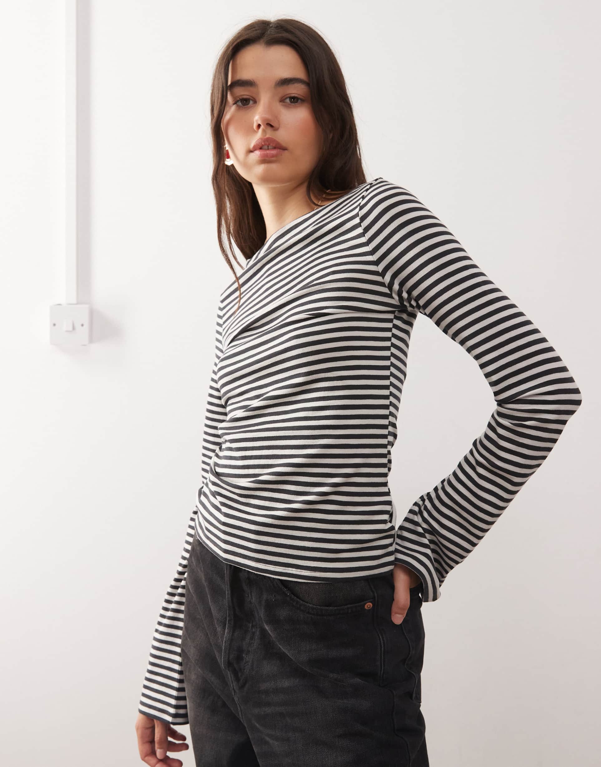 weekday annie super soft boat neck long sleeve top in off-black & gray stripes - exclusive to asos