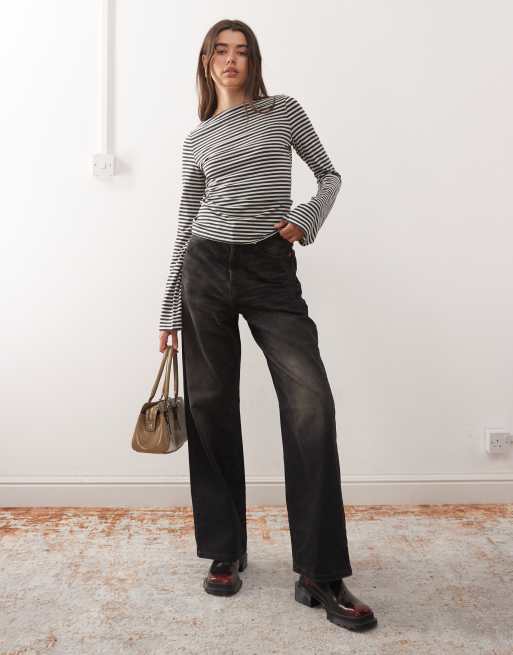 Weekday Annie super soft boat neck long sleeve top in off-black & gray stripes - exclusive to ASOS