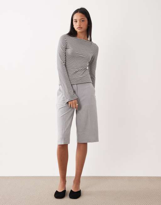 Weekday Annie super soft boat neck long sleeve top in off-white & mole stripe, 2 of 4
