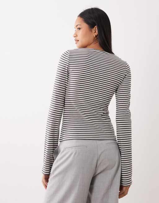 Weekday Annie super soft boat neck long sleeve top in off-white & mole stripe, 4 of 4