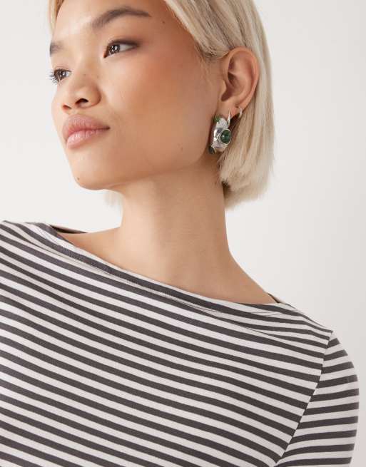 Weekday Annie super soft boat neck long sleeve top in off-white & mole stripes