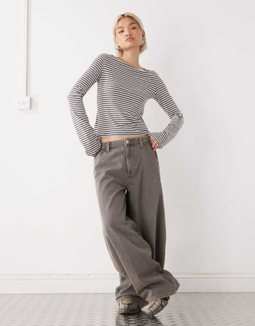 Weekday Annie super soft boat neck long sleeve top in off-white & mole stripes